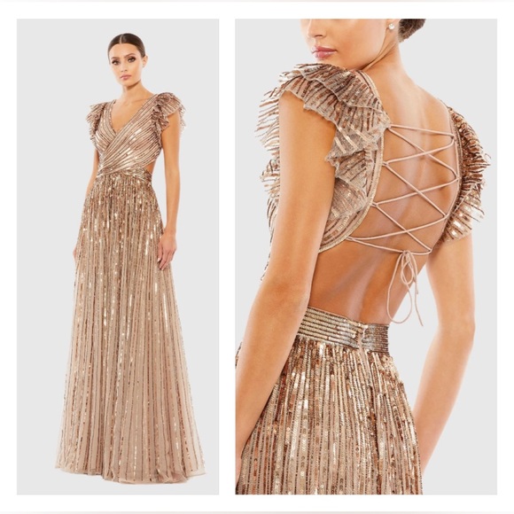 MAC DUGGAL 5568 NWT Beige Sequined Cut Out Ruffled Cap Sleeve Lace Up Gown - Picture 1 of 8